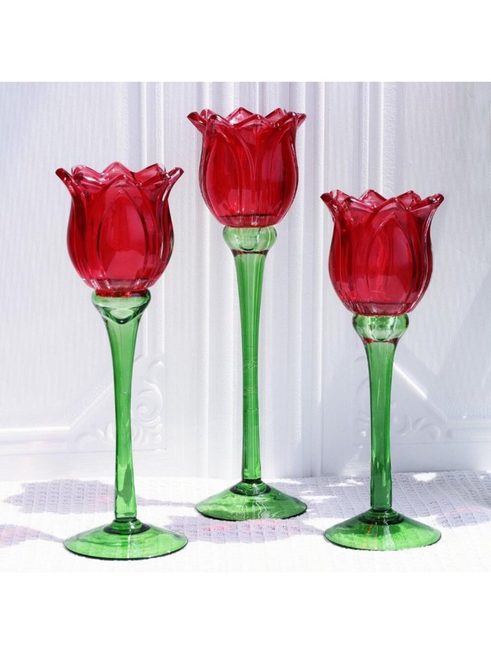 Set of 3 Red Tulip Tealight Candle Holders - Perfect for Holidays & Home Decor